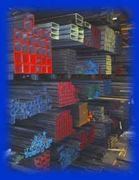 Warehouse of hotroll structural steel bars, tubes and angles